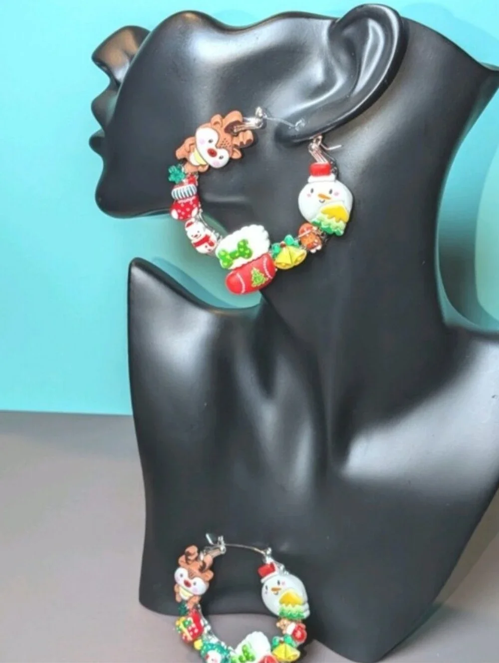 Hand Crafted Festive Holiday Charm Hoop Earrings - Red, Green, White, Yellow